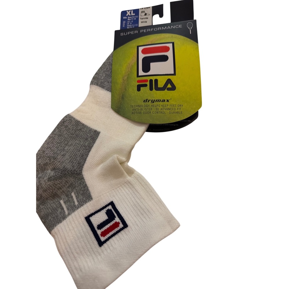 Fila Super Performance Drymax 1/4 Crew Tennis Socks Mens XL White Grey New